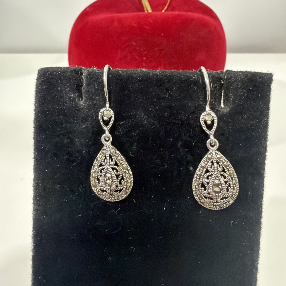 Marcasite Earrings Sterling Silver 925 Pierced Fish Hook Drop Dangle Vintage